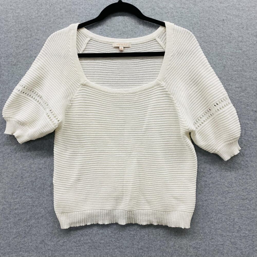 Skies Are Blue Sweater Womens Medium White Short Sleeve Square Neck minimalist